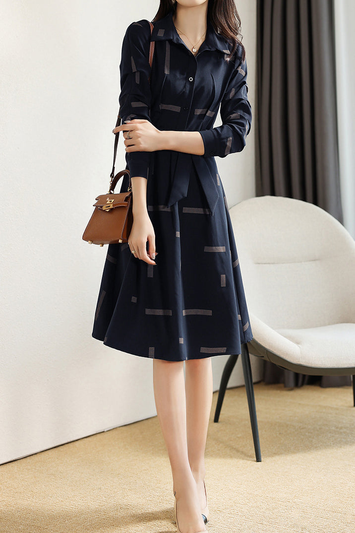 Geometric Print Croissant Sleeve Flare Shirt Dress