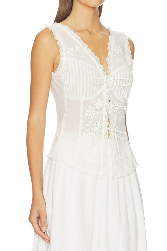 Lace Trim Tie Front Top