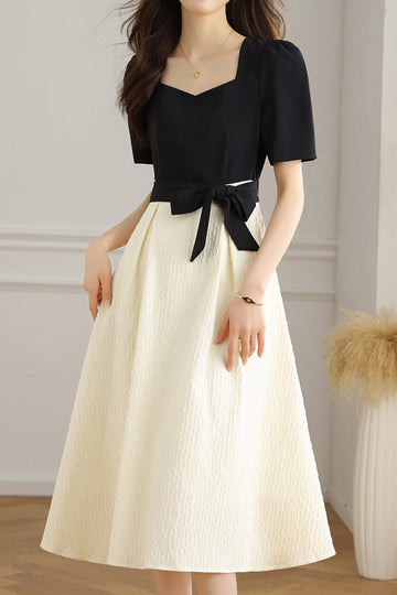 Two-Tone Square Neck Dress with Tie Belt and Flared Skirt