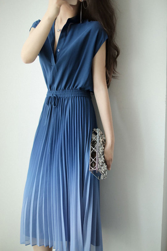 Key Neck Ombre Pleated Dress