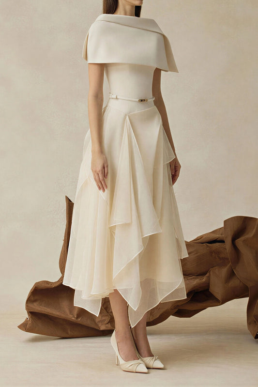 Foldover Collar Layered Chiffon Midi Dress