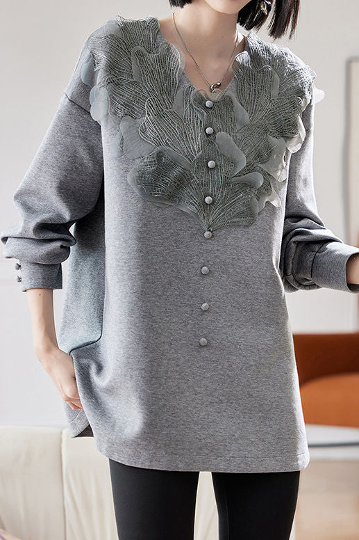 Early autumn stylish casual lace paneled sweatshirt