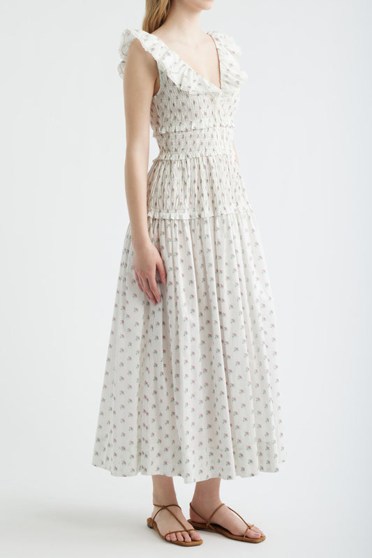 Smocked Ruffle Sleeve Dot Midi Dress