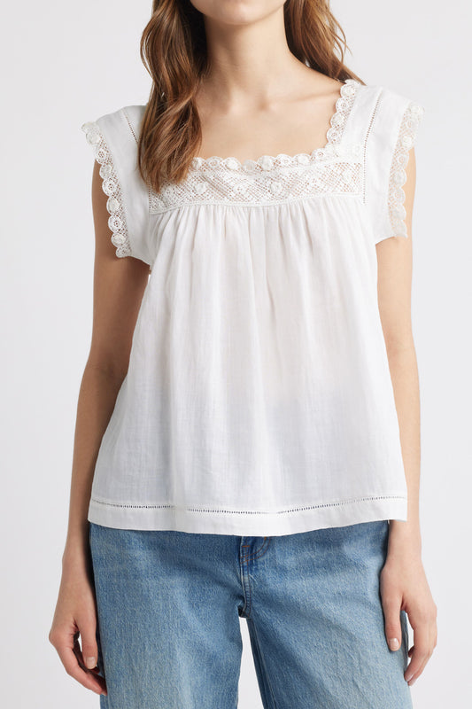 Lace Trim Square Neck Cotton Top