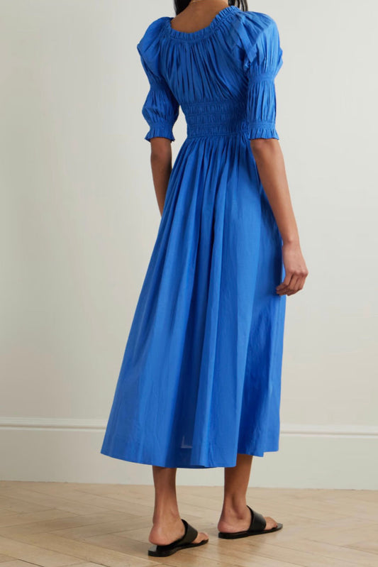 Smocked Puff Sleeve Tie Midi Dress