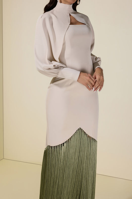 High Neck Cutout Fringe Hem Maxi Dress