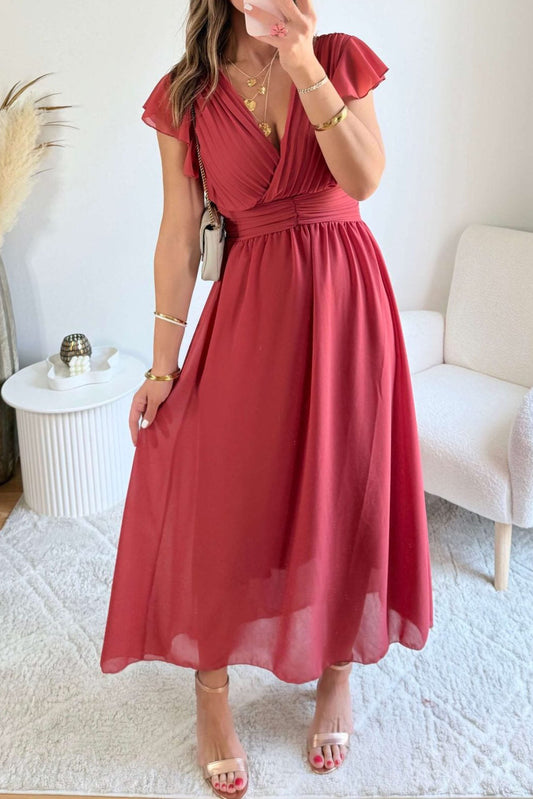 Pleated V Neck Chiffon Maxi Dress