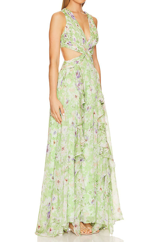 Halter Cutout Floral Chiffon Maxi Dress