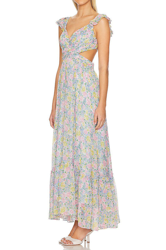 Flutter Sleeve Floral Cutout Maxi Dress