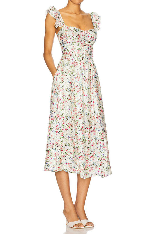 Sweetheart Floral Ruffle Sleeve Midi Dress