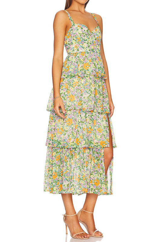 Sweetheart Tiered Floral Slit Midi Dress