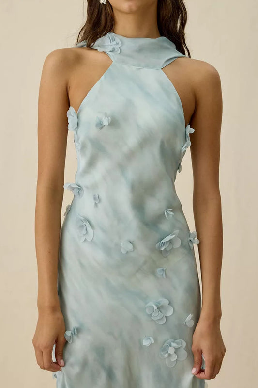 High Neck Floral Applique Maxi Dress