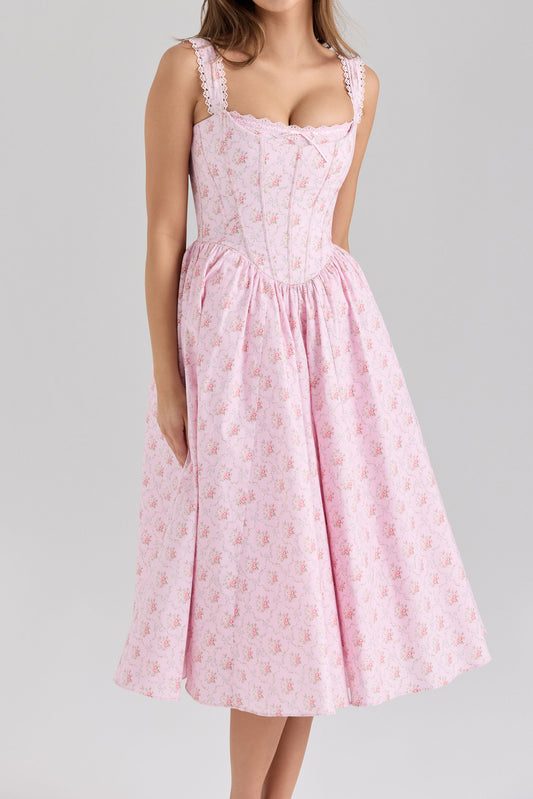 Bow Strap Corset A-Line Midi Dress