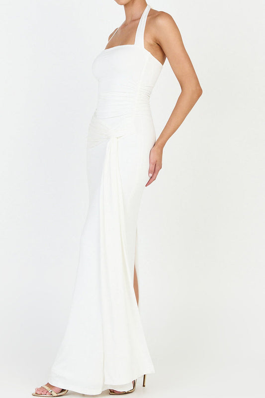 Halter Neck Ruched Slit Maxi Dress