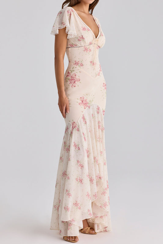 Flutter Sleeve Floral High-Low Maxi Dress