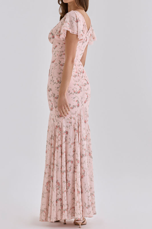 Flutter Sleeve Floral Slit Maxi Dress