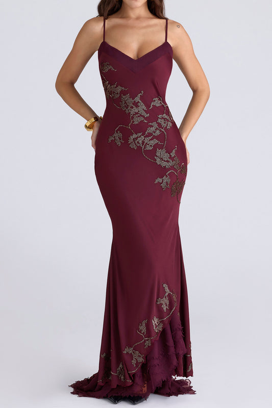 Floral Embroidered Satin Mermaid Maxi Dress