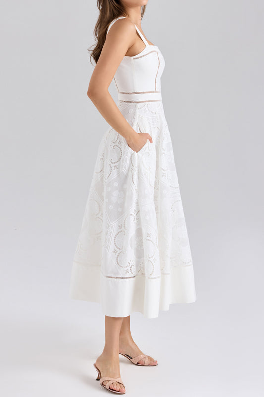 Square Neck Eyelet A-Line Midi Dress