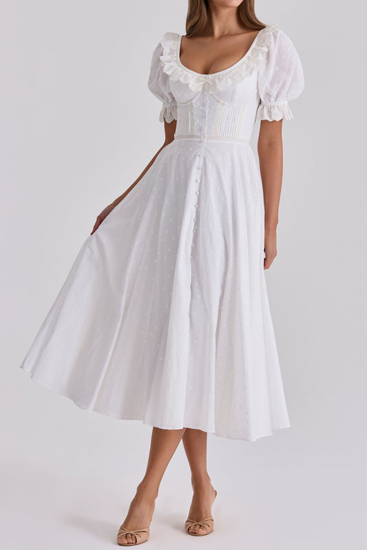 Puff Sleeve Button Front Midi Dress