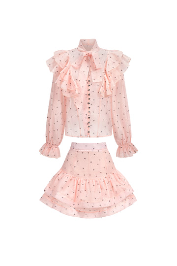 Sahara Rufflede Dot Printed Bowknot Top And Skirt Two-Piece Set