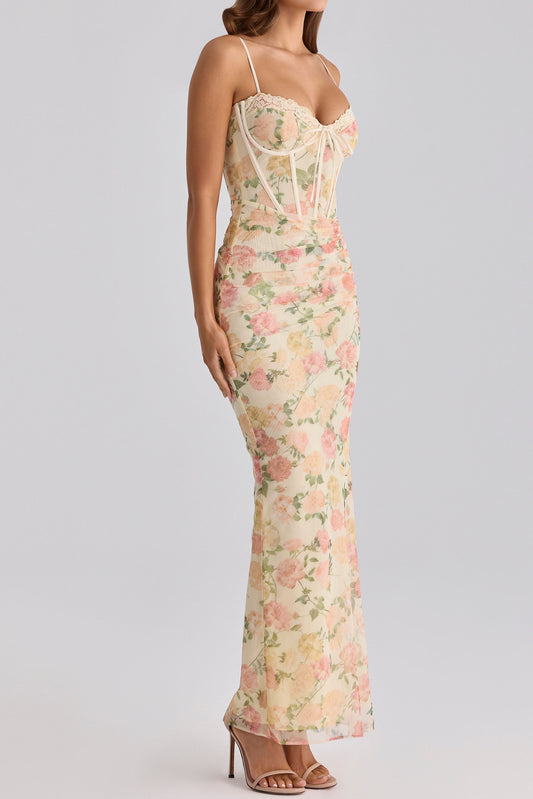 Floral Lace Corset Mesh Maxi Dress