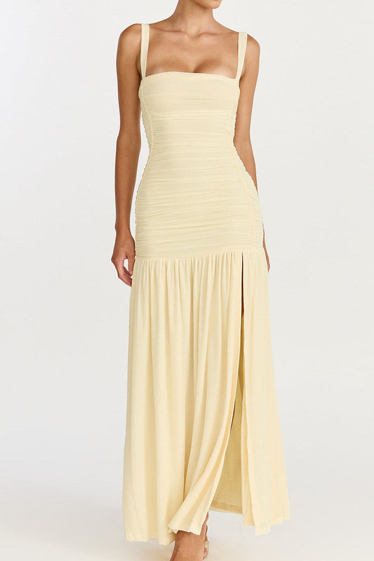 Square Neck Ruched Slit Maxi Dress
