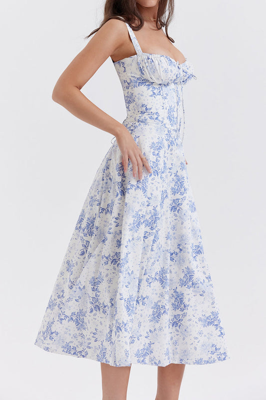 Toile Floral Bustier Lace-Up Midi Dress