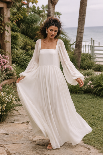 Square Neck Lantern Sleeve Casual Swing Long Dress