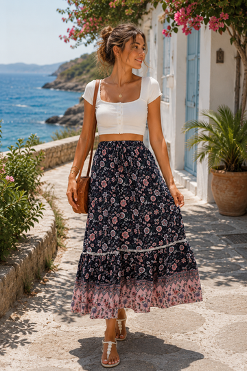 Floral Panel Ruffle Hem Midi Skirt