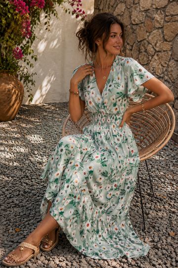 Floral V-Neck Ruffle Sleeve Maxi Dress