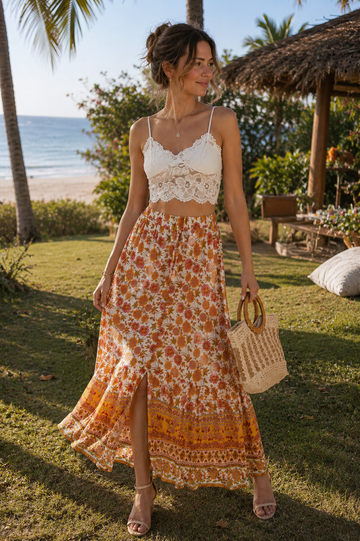 Floral Panel Asymmetrical Midi Skirt