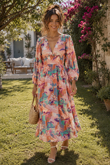 Tropical Print V-Neck Waist Midi Dress