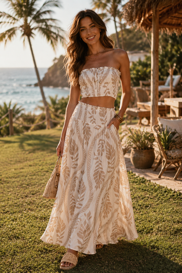 Leaf Print Bandeau Maxi Skirt Set