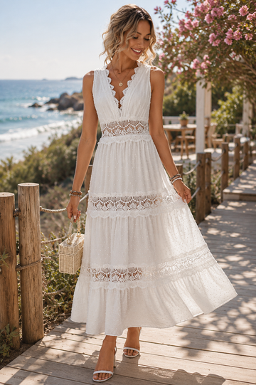Lace V-Neck Tiered Maxi Dress