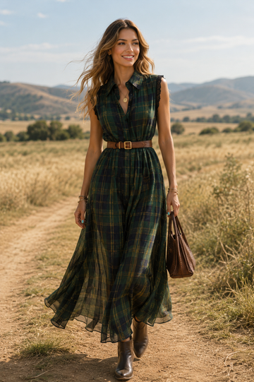 Plaid Sleeveless Belted Shirt Maxi Dress