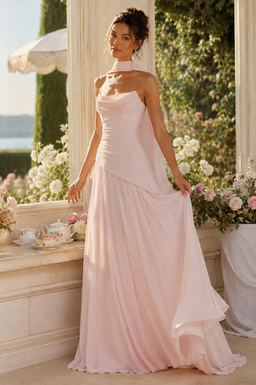 Scarf-Neck Draped Corset Maxi Dress