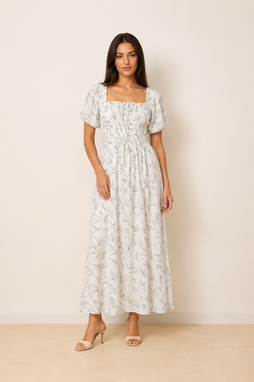 Elegant Square Neck Tie-Waist Printed Puff-Sleeve Long Dress