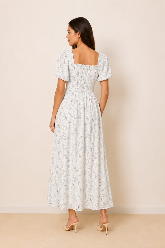 Elegant Square Neck Tie-Waist Printed Puff-Sleeve Long Dress