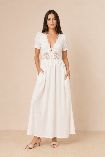 French V-Neck Lace Short Sleeve Pure Cotton Dress