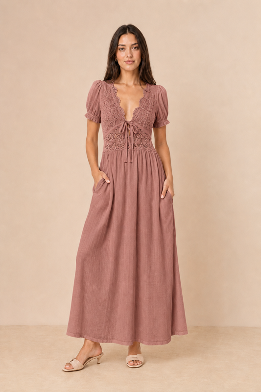 French V-Neck Lace Short Sleeve Pure Cotton Dress