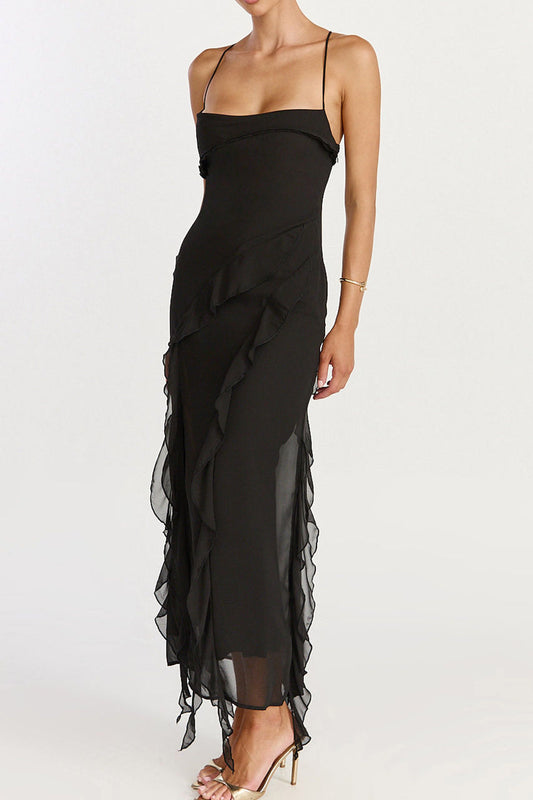 Strappy Ruffle Trim Lace Up Midi Dress