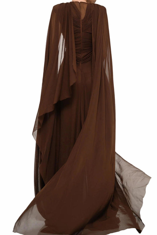 Draped Cape Keyhole Chiffon Maxi Dress