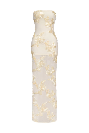 Deliyn Strapless Embroidery Flower Mesh Maxi Dress