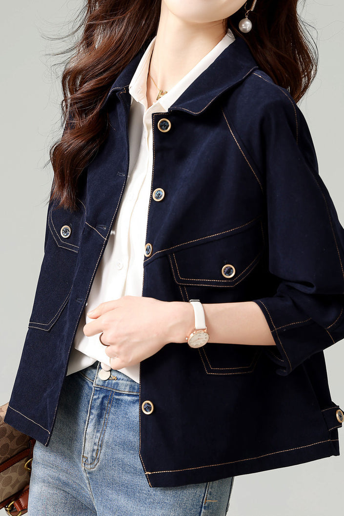 Trendy Fold-Over Collar Denim Jacket