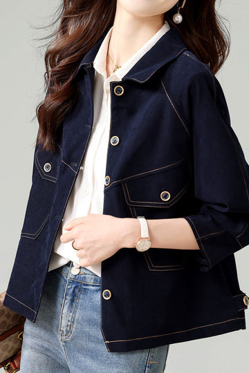 Trendy Fold-Over Collar Denim Jacket