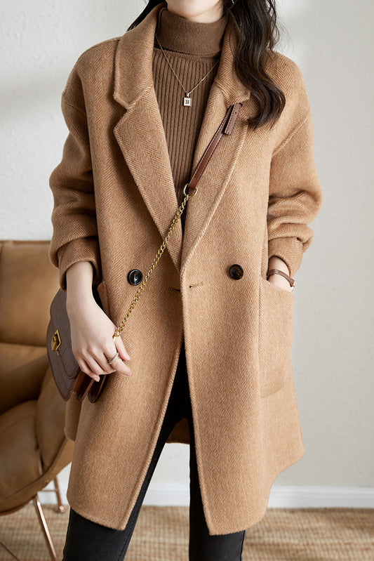 Minimalist Mid-Length Houndstooth Wool Coat