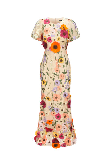 Naya Short Sleeve Round Neck Flowers Fishtail Midi Dress