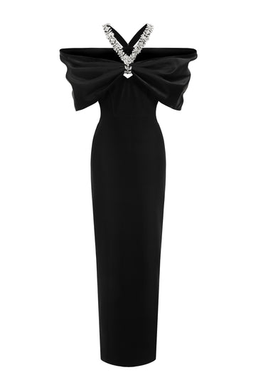 Sloan Halter Diamond Off-The-Shoulder Bandage Maxi Dress