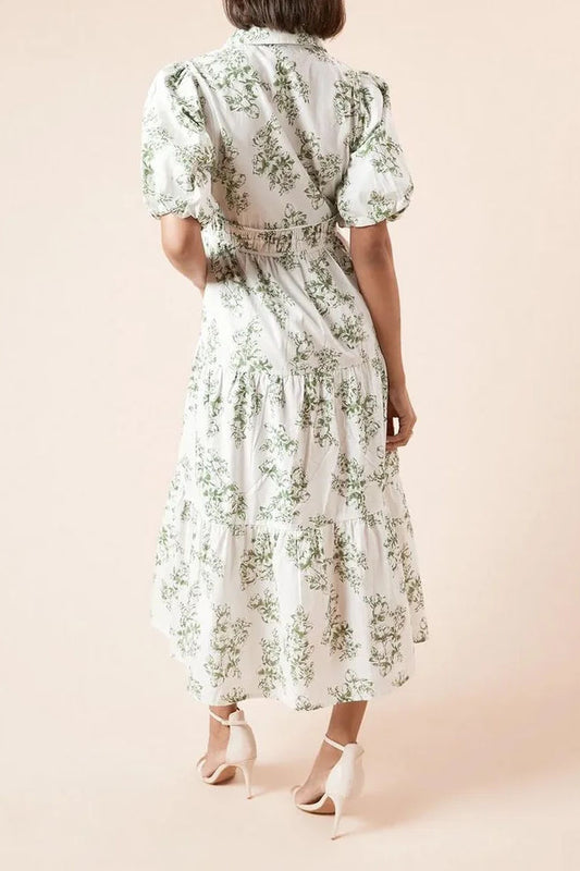 Botanical Print Puff Sleeve Tiered Shirt Dress