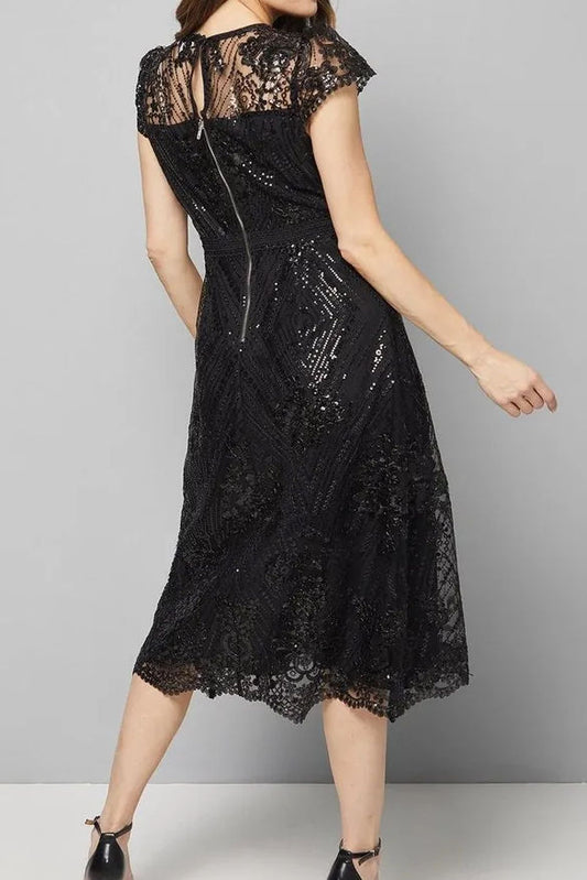 Sequin Lace Illusion Cap Sleeve Midi Dress